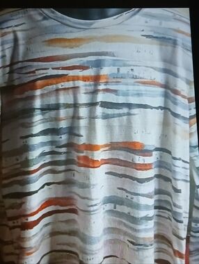 Abstract Striped Crewneck Top in White with Orange and Gray Accents